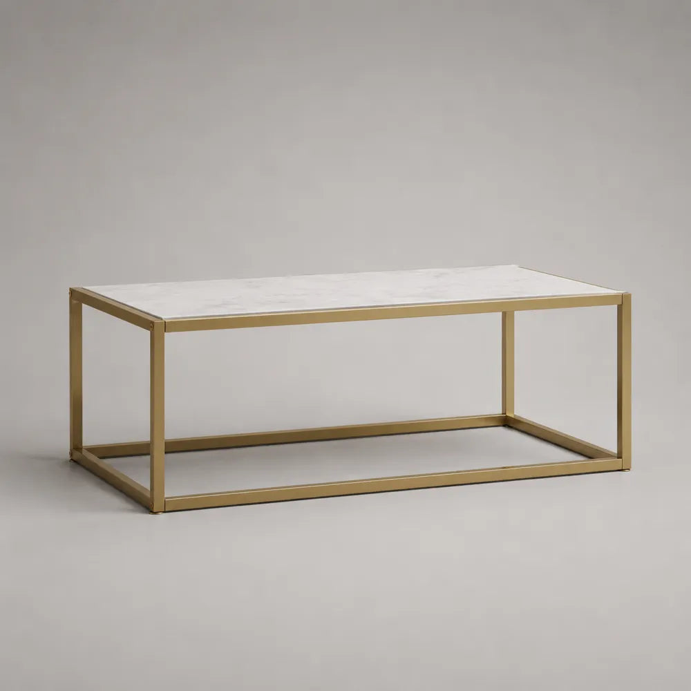 Table basse rectangulaire plateau effet marbre blanc structure métallique dorée 120 cm x 60 cm x 45 cm