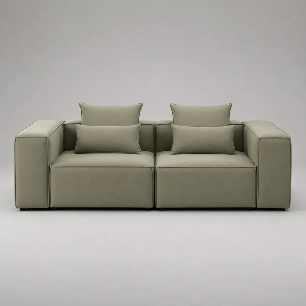 Canapé modulable 2 places assise profonde coussins amovibles revêtement tissu polyester structure bois d’ingénierie vert sauge 220 cm x 100 cm x 85 cm