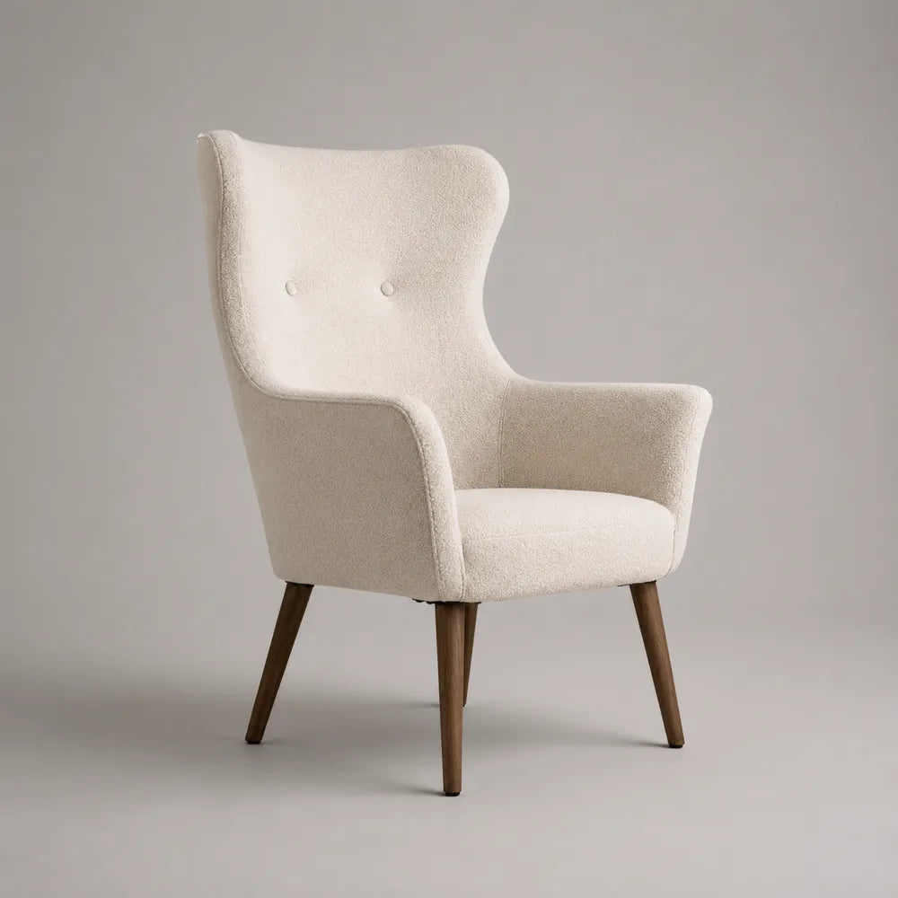 Fauteuil de salon dossier enveloppant tissu bouclé polyester pieds bois de hêtre beige 70 cm x 75 cm x 85 cm