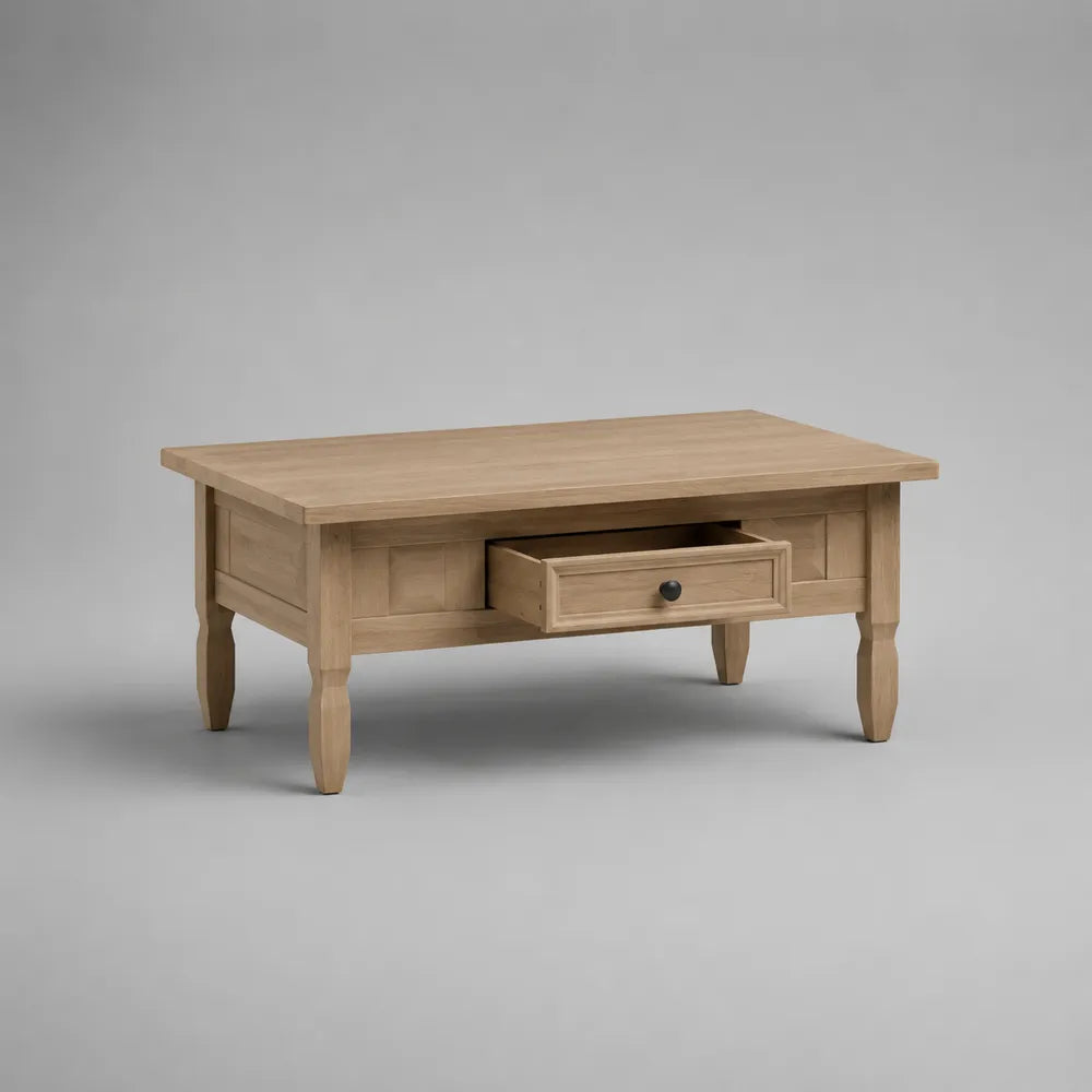 Table basse rectangulaire avec tiroir bois massif pin naturel 110 cm x 60 cm x 45 cm avec poignées métal noir