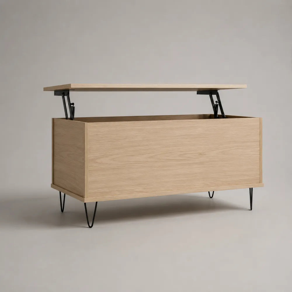 Table basse relevable 110 x 60 x 45 cm coffre de rangement MDF placage chêne clair structure bois pieds métal noir