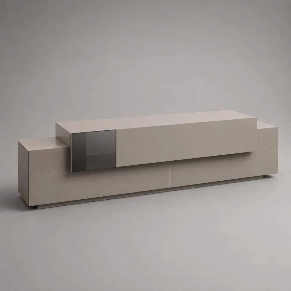 Meuble TV 200 x 40 x 45 cm MDF finition beige porte coulissante verre fumé structure rectangulaire basse