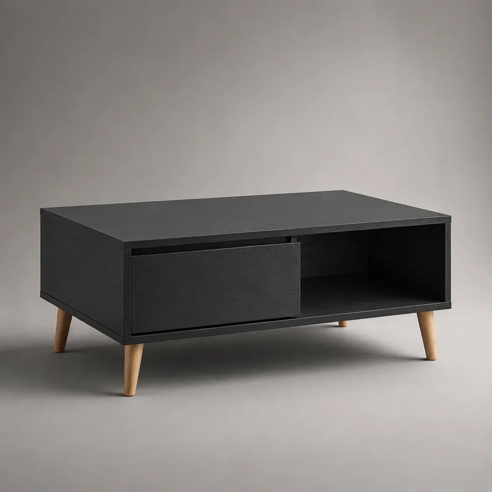 Table basse rectangulaire 1 porte coulissante niche ouverte structure bois noir pieds bois naturel 110 cm x 55 cm x 42 cm