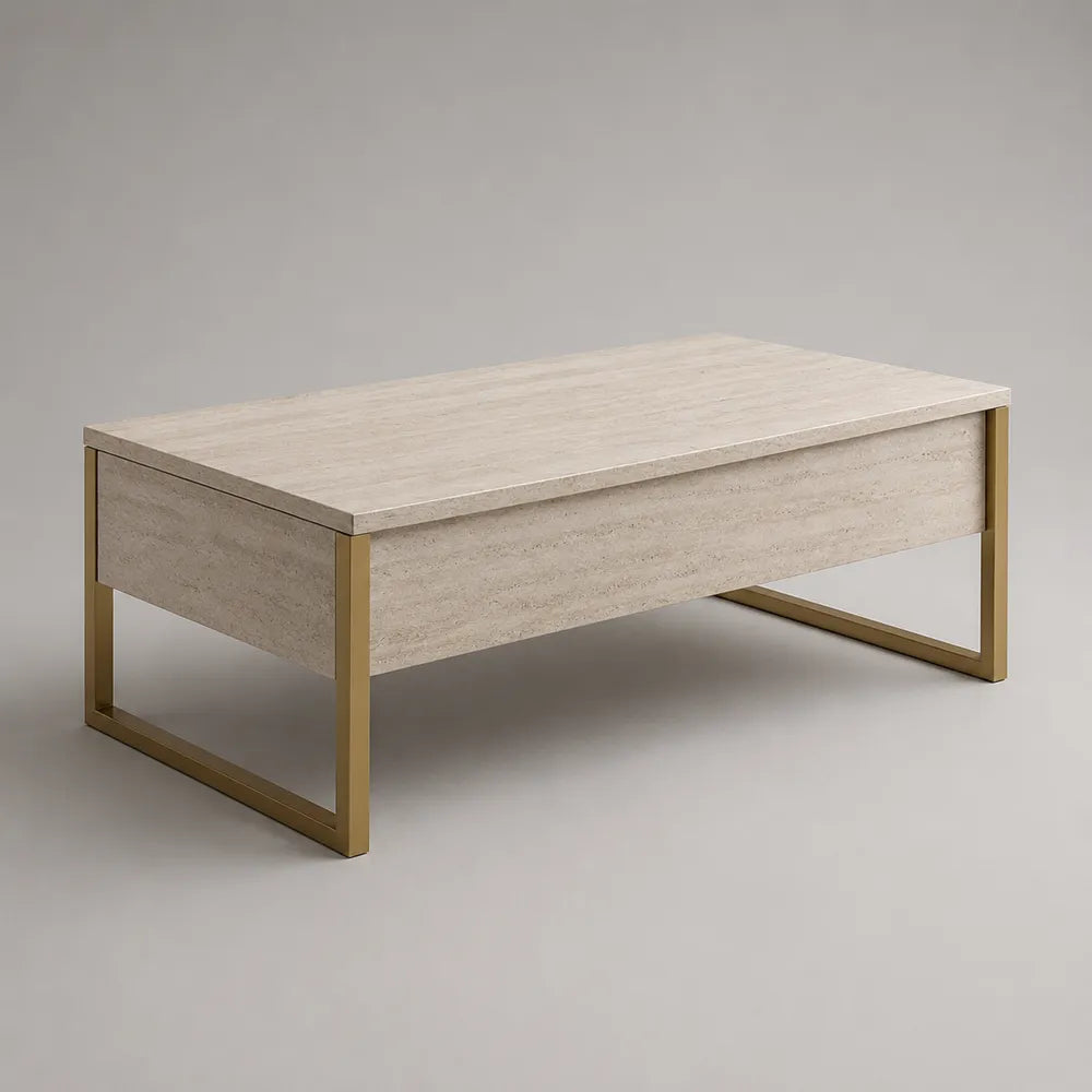 Table basse coffre de rangement plateau relevable 110 x 60 x 45 cm bois chêne clair structure acier doré forme rectangulaire