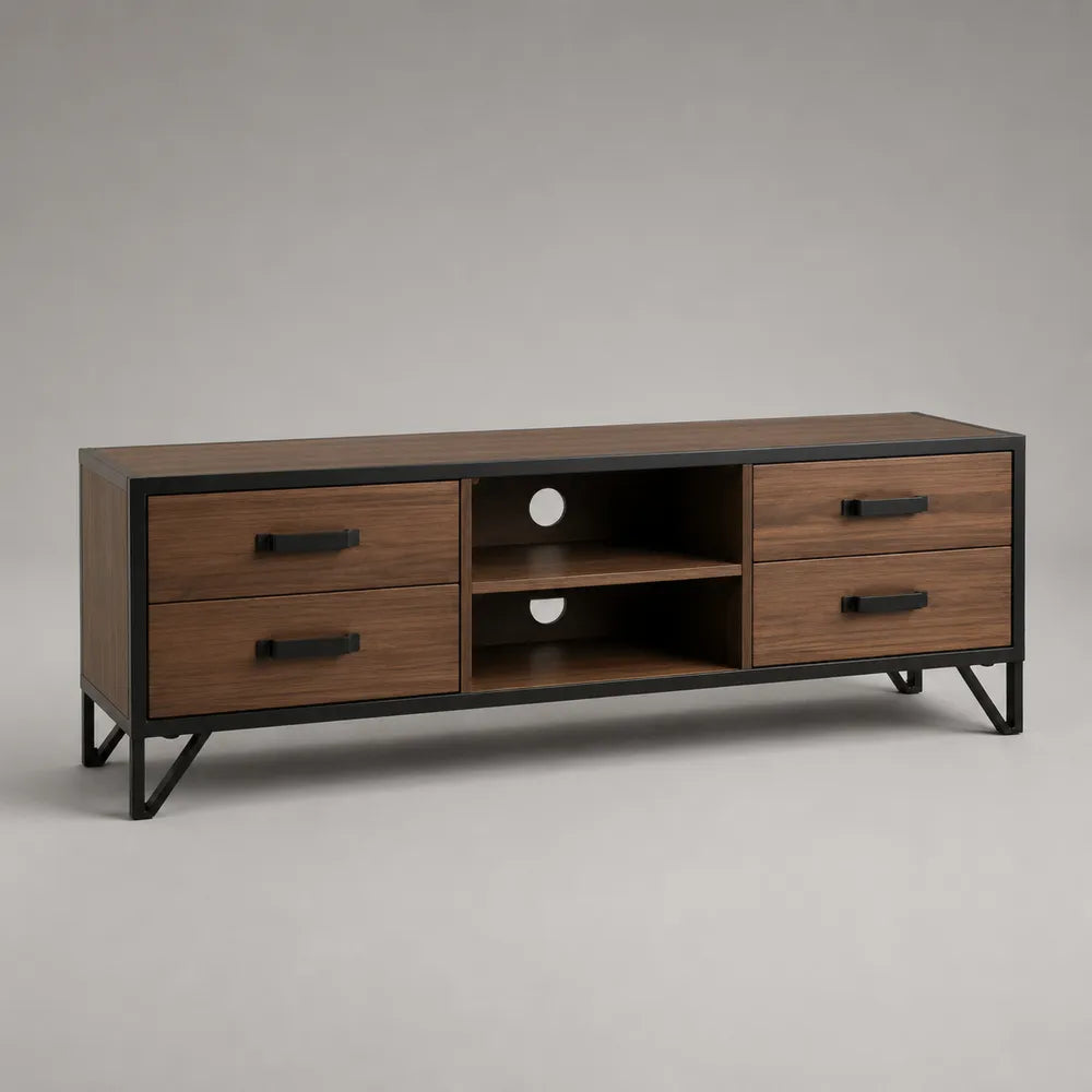 Meuble TV 180 x 40 x 50 cm structure MDF placage noyer cadre acier noir 4 tiroirs niches ouvertes