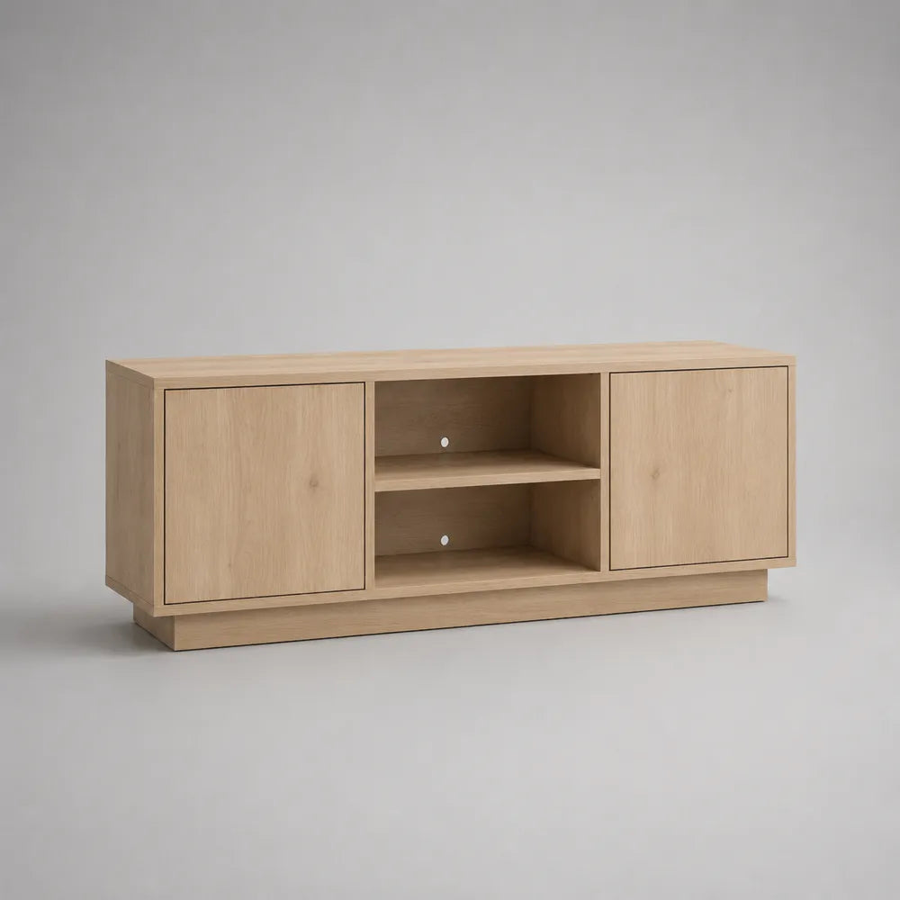 Meuble TV 180 x 40 x 45 cm MDF mélaminé chêne clair 2 portes niches ouvertes structure rectangulaire basse
