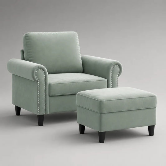 Fauteuil avec repose-pieds velours polyester vert sauge clous décoratifs pieds noirs 84 cm x 82 cm x 94 cm et 64 cm x 50 cm x 42 cm