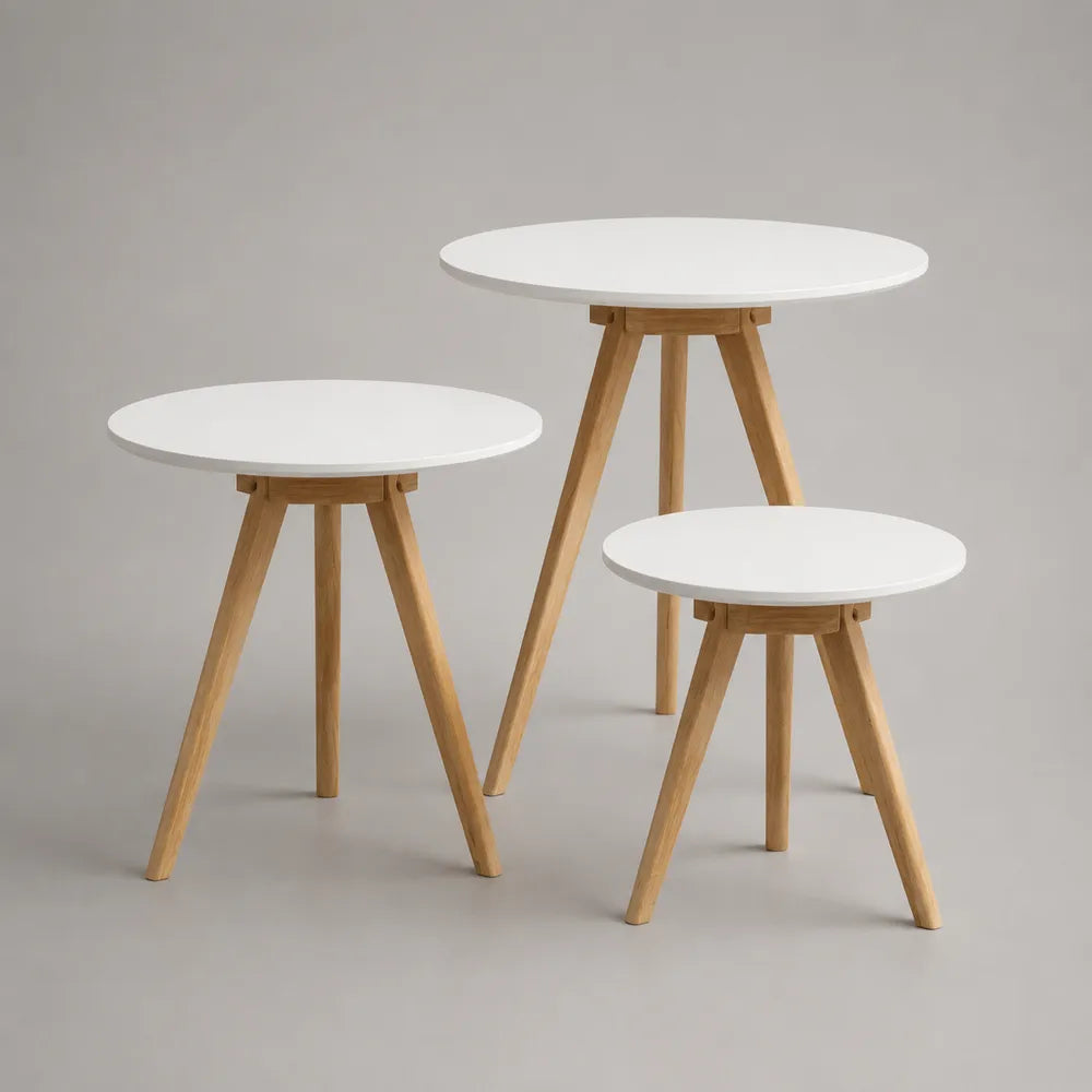 Lot de 3 tables basses gigognes rondes plateaux MDF blanc pieds bois naturel 60 cm 50 cm 40 cm