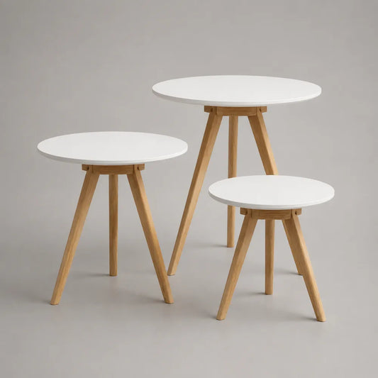 Lot de 3 tables basses gigognes rondes plateaux MDF blanc pieds bois naturel 60 cm 50 cm 40 cm