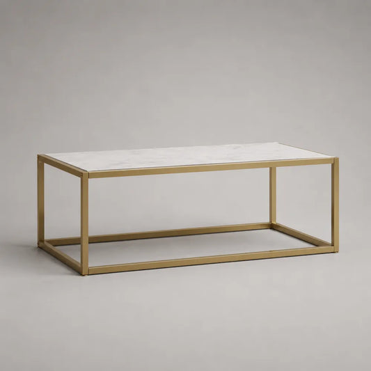 Table basse rectangulaire plateau effet marbre blanc structure métallique dorée 120 cm x 60 cm x 45 cm