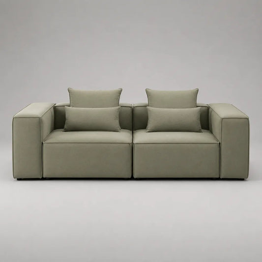 Canapé modulable 2 places assise profonde coussins amovibles revêtement tissu polyester structure bois d’ingénierie vert sauge 220 cm x 100 cm x 85 cm