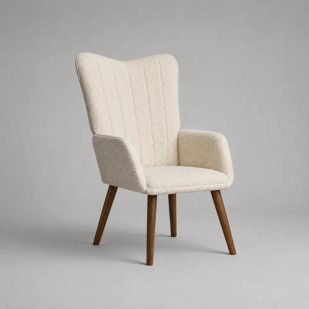 Fauteuil 75 x 78 x 98 cm tissu bouclé écru dossier capitonné pieds bois naturel structure bois et contreplaqué