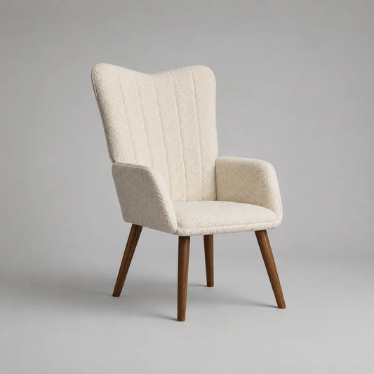 Fauteuil 75 x 78 x 98 cm tissu bouclé écru dossier capitonné pieds bois naturel structure bois et contreplaqué