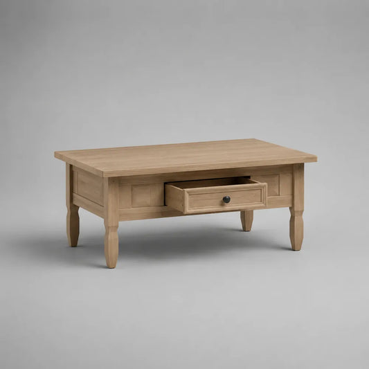 Table basse rectangulaire avec tiroir bois massif pin naturel 110 cm x 60 cm x 45 cm avec poignées métal noir