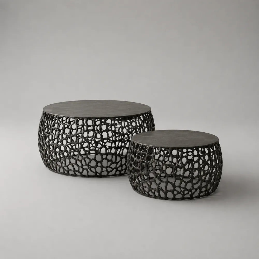 Tables basses gigognes rondes 70 x 70 x 40 cm et 55 x 55 x 35 cm plateau effet pierre structure métal ajouré noir