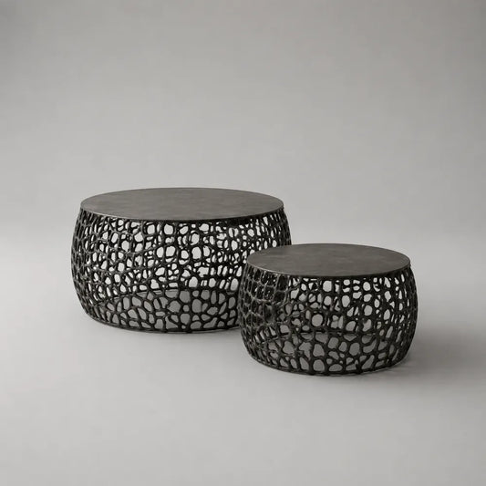 Tables basses gigognes rondes 70 x 70 x 40 cm et 55 x 55 x 35 cm plateau effet pierre structure métal ajouré noir