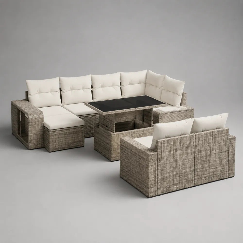 Salon de jardin modulable en U résine tressée polyéthylène gris clair beige aluminium table centrale verre trempé 260 cm 200 cm 75 cm