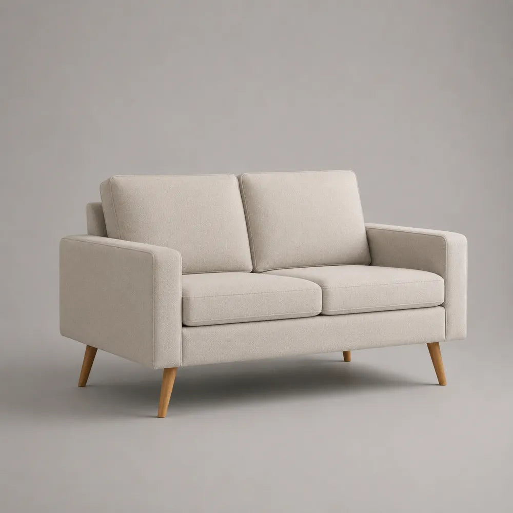 Canapé 2 places 170 x 85 x 82 cm tissu polyester beige structure bois pieds bois naturel forme rectangulaire