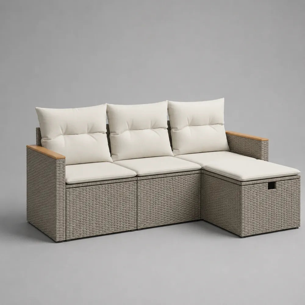 Canapé de jardin d'angle 3 places avec chaise longue résine tressée coussins beige structure aluminium et bois d'acacia
