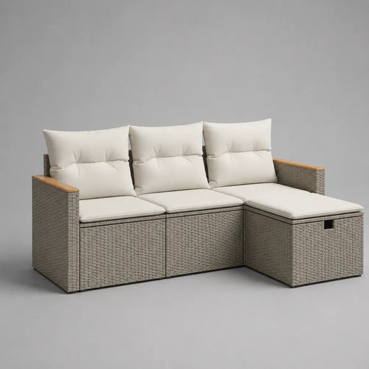 Canapé de jardin d'angle 3 places avec chaise longue résine tressée coussins beige structure aluminium et bois d'acacia