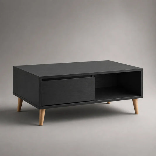 Table basse rectangulaire 1 porte coulissante niche ouverte structure bois noir pieds bois naturel 110 cm x 55 cm x 42 cm