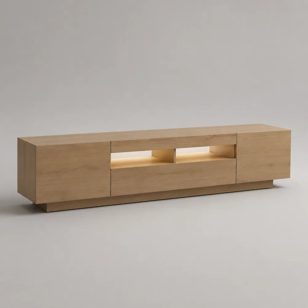 Meuble TV bas rectangulaire portes niches ouvertes éclairage LED bois chêne clair blanc 180 cm x 40 cm x 45 cm