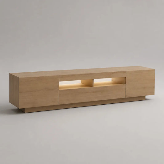 Meuble TV bas rectangulaire portes niches ouvertes éclairage LED bois chêne clair blanc 180 cm x 40 cm x 45 cm
